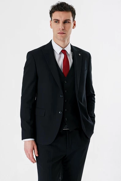 Koyu Lacivert Kırlangıç Yaka Yelekli 6 Drop Slim Fit Dar Kesim Klasik Takım Elbise 1001235165 - 3