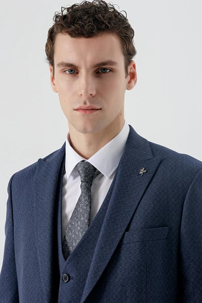 Koyu Lacivert Kırlangıç Yaka Yelekli 6 Drop Slim Fit Dar Kesim Klasik Takım Elbise 1001235168 - 6