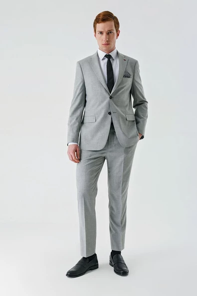 Gri Mono Yaka Çift Yırtmaç 6 Drop Comfort Fit Rahat Kesim Klasik Takım Elbise 1001240102 - 9