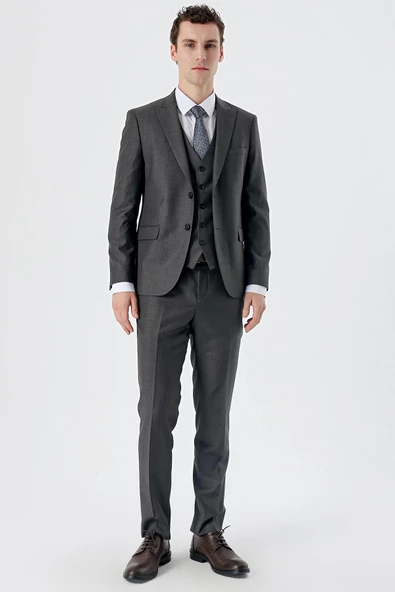 Açık Antrasit Kırlangıç Yaka Yelekli 6 Drop Slim Fit Dar Kesim Klasik Takım Elbise 1001235166 - 4