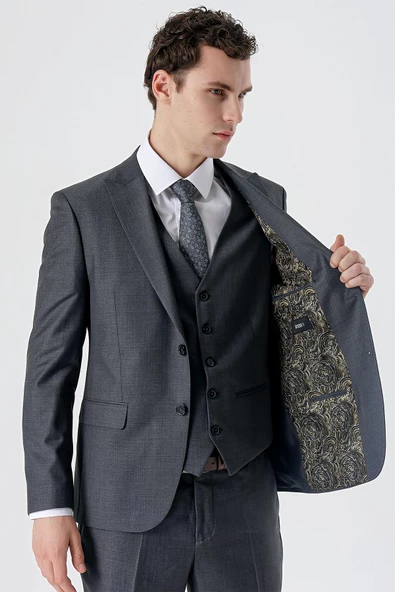 Koyu Füme Kırlangıç Yaka Yelekli 6 Drop Slim Fit Dar Kesim Klasik Takım Elbise 1001235166 - 5