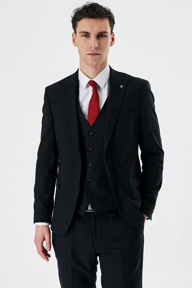 Koyu Lacivert Kırlangıç Yaka Yelekli 6 Drop Slim Fit Dar Kesim Klasik Takım Elbise 1001235165 - 2