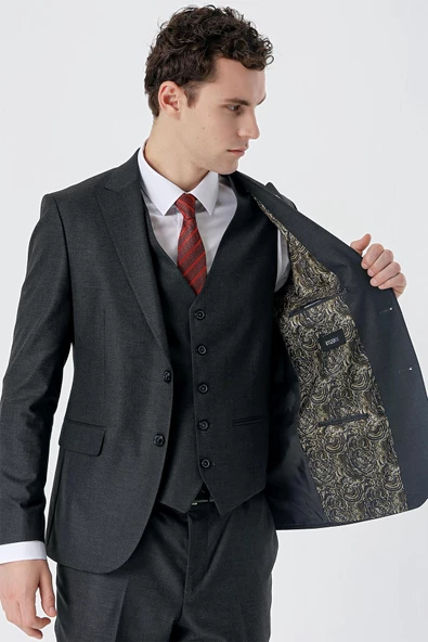 Koyu Antrasit Kırlangıç Yaka Yelekli 6 Drop Slim Fit Dar Kesim Klasik Takım Elbise 1001235164 - Resim 4