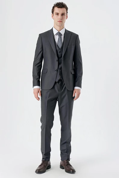 Koyu Antrasit Kırlangıç Yaka Yelekli 6 Drop Slim Fit Dar Kesim Klasik Takım Elbise 1001235166 - 4