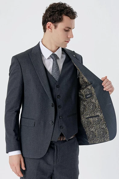 Lacivert Kırlangıç Yaka Yelekli 6 Drop Slim Fit Dar Kesim Klasik Takım Elbise 1001235168 - 3