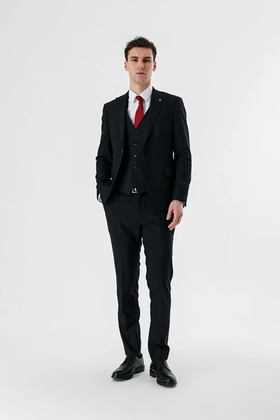 Koyu Lacivert Kırlangıç Yaka Yelekli 6 Drop Slim Fit Dar Kesim Klasik Takım Elbise 1001235165 - 5