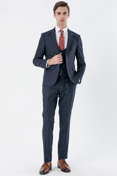 Lacivert Mono Yaka Astarlı Yelekli 6 Drop Slim Fit Dar Kesim Basic Takım Elbise 1001235186 - 4
