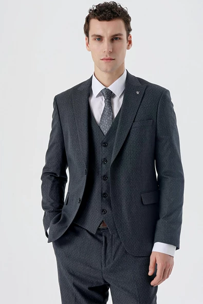 Lacivert Kırlangıç Yaka Yelekli 6 Drop Slim Fit Dar Kesim Klasik Takım Elbise 1001235168 - 2