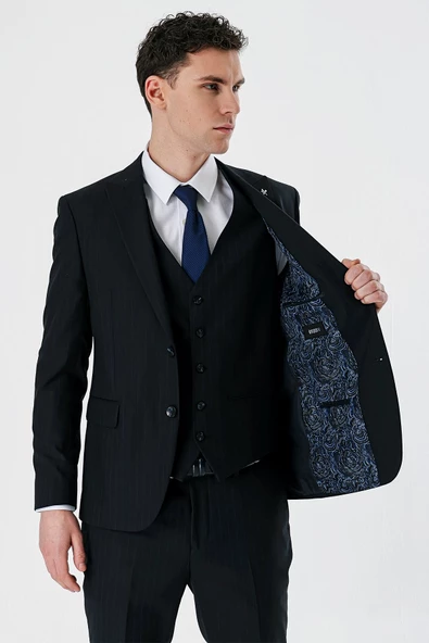 Siyah Kırlangıç Yaka Yelekli 6 Drop Slim Fit Dar Kesim Klasik Takım Elbise 1001235165 - 4