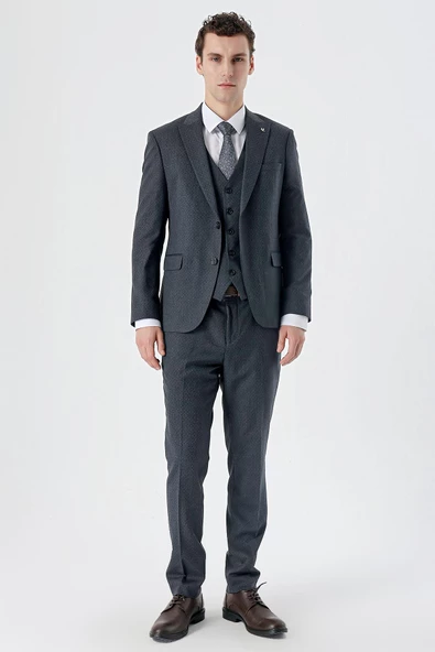 Lacivert Kırlangıç Yaka Yelekli 6 Drop Slim Fit Dar Kesim Klasik Takım Elbise 1001235168 - 4