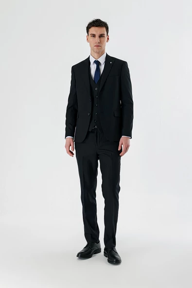 Siyah Kırlangıç Yaka Yelekli 6 Drop Slim Fit Dar Kesim Klasik Takım Elbise 1001235165 - 6