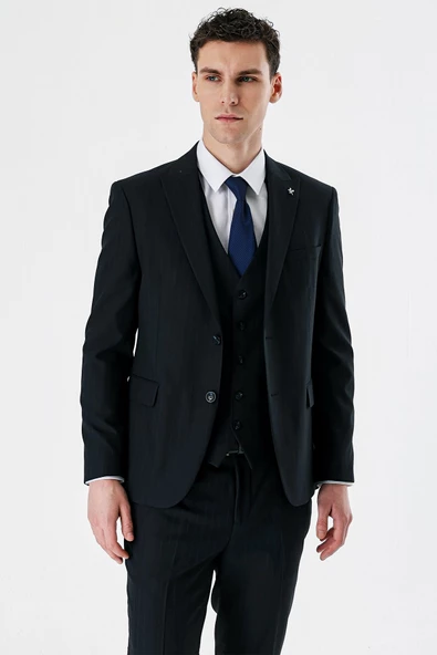 Siyah Kırlangıç Yaka Yelekli 6 Drop Slim Fit Dar Kesim Klasik Takım Elbise 1001235165 - 3