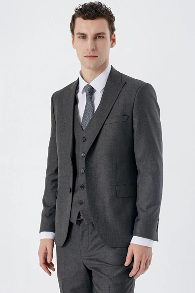 Açık Antrasit Kırlangıç Yaka Yelekli 6 Drop Slim Fit Dar Kesim Klasik Takım Elbise 1001235166 - 2