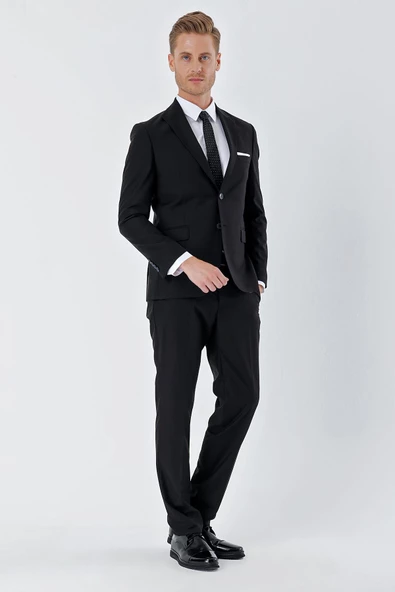 Siyah Gabardin Kırlangıç Yaka 6 Drop Slim Fit Dar Kesim Basic Takım Elbise 1001240011 - 6