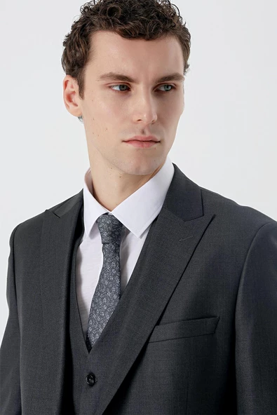 Koyu Antrasit Kırlangıç Yaka Yelekli 6 Drop Slim Fit Dar Kesim Klasik Takım Elbise 1001235166 - 6