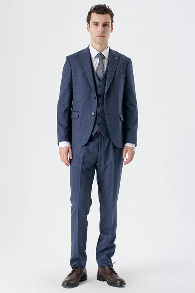 Koyu Lacivert Kırlangıç Yaka Yelekli 6 Drop Slim Fit Dar Kesim Klasik Takım Elbise 1001235168 - 4