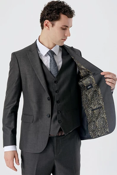 Açık Antrasit Kırlangıç Yaka Yelekli 6 Drop Slim Fit Dar Kesim Klasik Takım Elbise 1001235166 - 3
