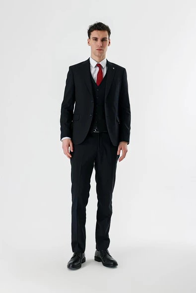 Koyu Lacivert Kırlangıç Yaka Yelekli 6 Drop Slim Fit Dar Kesim Klasik Takım Elbise 1001235165 - 4