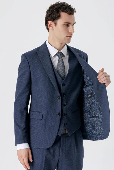 Koyu Lacivert Kırlangıç Yaka Yelekli 6 Drop Slim Fit Dar Kesim Klasik Takım Elbise 1001235168 - 3
