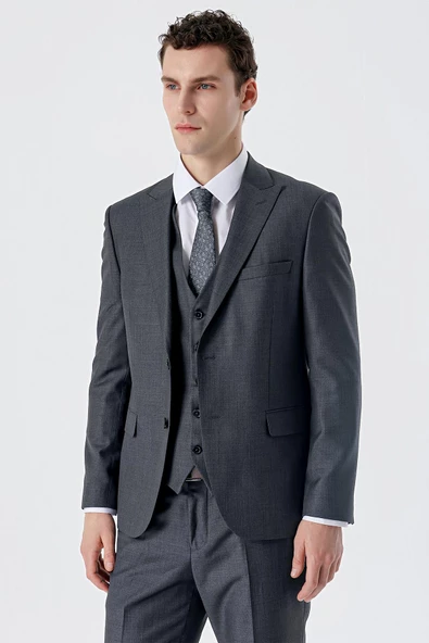 Koyu Füme Kırlangıç Yaka Yelekli 6 Drop Slim Fit Dar Kesim Klasik Takım Elbise 1001235166
