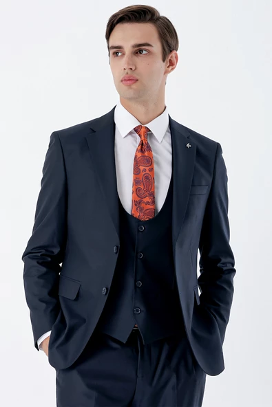 Lacivert Mono Yaka Astarlı Yelekli 6 Drop Slim Fit Dar Kesim Basic Takım Elbise 1001235186 - 7