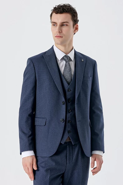 Koyu Lacivert Kırlangıç Yaka Yelekli 6 Drop Slim Fit Dar Kesim Klasik Takım Elbise 1001235168 - 2