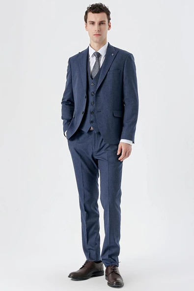Koyu Lacivert Kırlangıç Yaka Yelekli 6 Drop Slim Fit Dar Kesim Klasik Takım Elbise 1001235168 - 5