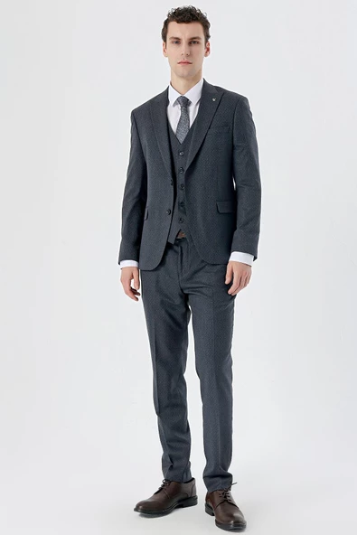 Lacivert Kırlangıç Yaka Yelekli 6 Drop Slim Fit Dar Kesim Klasik Takım Elbise 1001235168 - 5