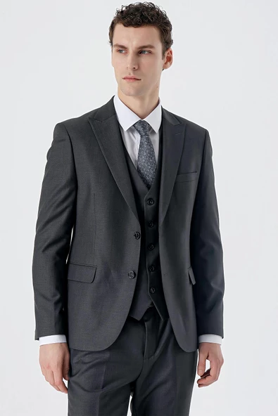 Koyu Antrasit Kırlangıç Yaka Yelekli 6 Drop Slim Fit Dar Kesim Klasik Takım Elbise 1001235166 - 2