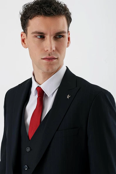 Koyu Lacivert Kırlangıç Yaka Yelekli 6 Drop Slim Fit Dar Kesim Klasik Takım Elbise 1001235165 - 6