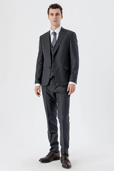 Koyu Antrasit Kırlangıç Yaka Yelekli 6 Drop Slim Fit Dar Kesim Klasik Takım Elbise 1001235166 - 5