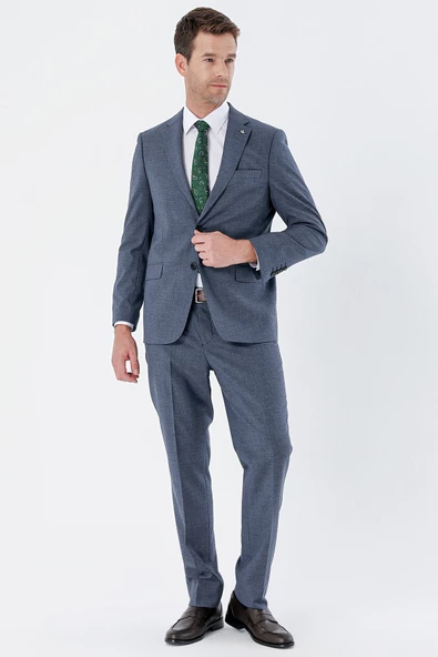 Lacivert Desenli Mono Yaka 6 Drop Comfort Fit Rahat Kesim Klasik Takım Elbise 1001235163 - 4