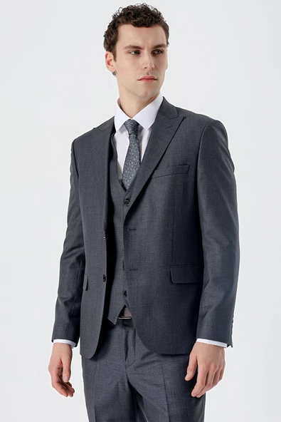Koyu Füme Kırlangıç Yaka Yelekli 6 Drop Slim Fit Dar Kesim Klasik Takım Elbise 1001235166 - 3
