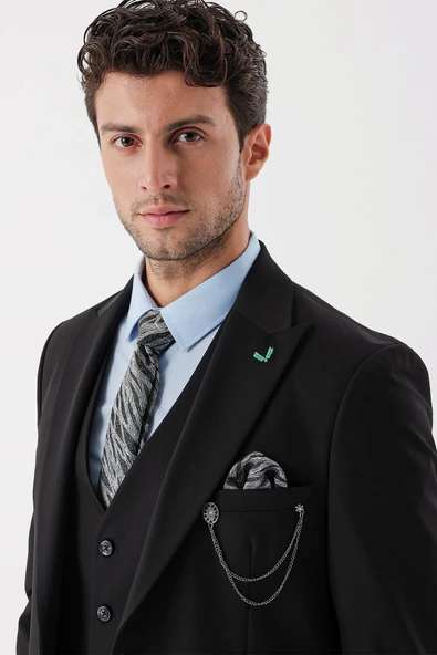 Siyah Desenli Armürlü Kırlangıç Yaka Yelekli Likralı 6 Drop Slim Fit Takım Elbise 1001235154 - 7