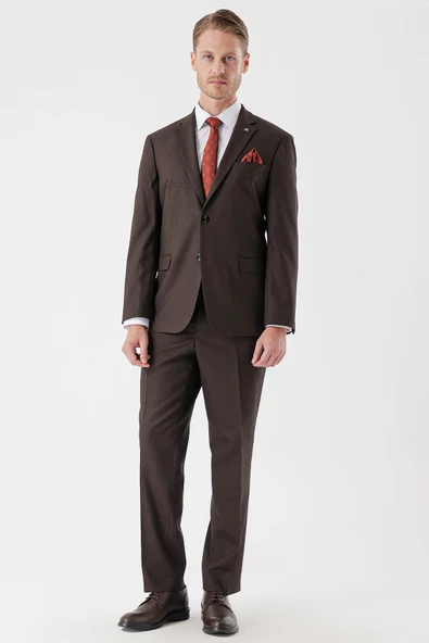 Kahverengi Desenli Armürlü Mono Yaka 4 Drop Comfort Fit Rahat Kesim Klasik Takım Elbise 1001235150 - 7