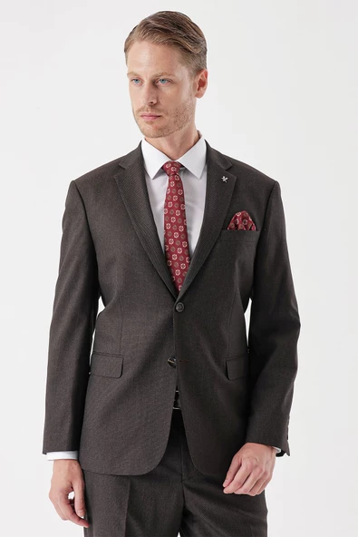Koyu Kahverengi Armürlü Mono Yaka 4 Drop Comfort Fit Rahat Kesim Klasik Takım Elbise 1001235150 - 3