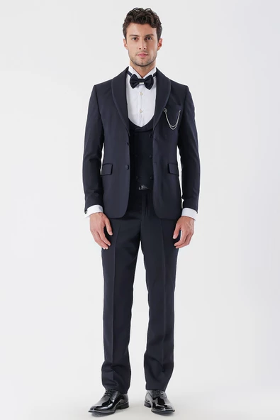 Koyu Lacivert Desenli Armürlü Kruvaze 6 Drop Slim Fit Smokin Damatlık Takım 1001230214 - 4