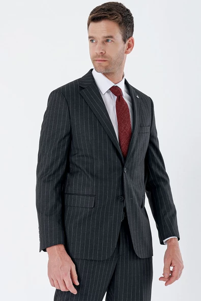 Siyah Çizgili Mono Yaka 6 Drop Comfort Fit Rahat Kesim Klasik Takım Elbise 1001235158 - 2