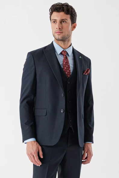 Koyu Lacivert Armürlü Kırlangıç Yaka Yelekli Likralı 6 Drop Slim Fit Takım Elbise 1001235156 - 2
