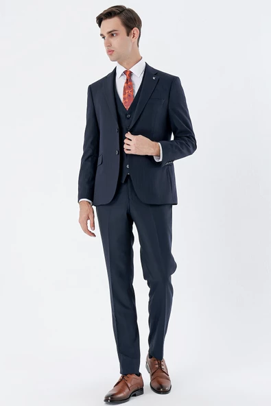Koyu Lacivert Çizgili Mono Yaka Yelekli 6 Drop Slim Fit Dar Kesim Klasik Takım Elbise 1001235160 - 4
