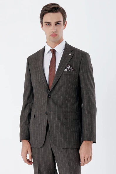 Koyu Kahverengi Çizgili Mono Yaka 6 Drop Comfort Fit Rahat Kesim Klasik Takım Elbise 1001235158 - 2