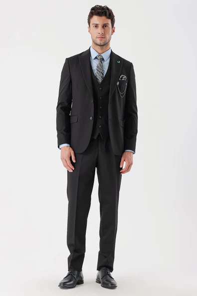 Siyah Desenli Armürlü Kırlangıç Yaka Yelekli Likralı 6 Drop Slim Fit Takım Elbise 1001235154 - 4