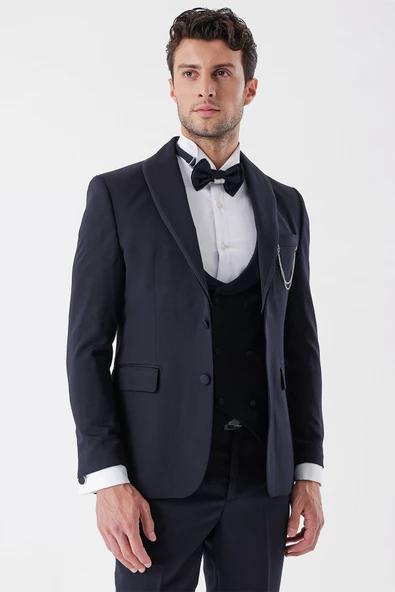Koyu Lacivert Desenli Armürlü Kruvaze 6 Drop Slim Fit Smokin Damatlık Takım 1001230214 - 3