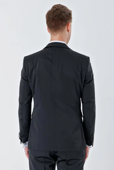 Siyah Desenli Armürlü Çıkarılabilir Kırlangıç Yaka 6 Drop Slim Fit Smokin Damatlık Takım 1001230213 - Resim 9