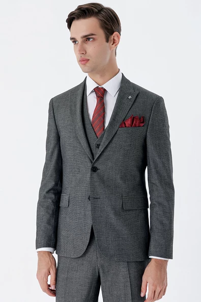 Siyah Desenli Kırlangıç Yaka Yelekli 6 Drop Slim Fit Dar Kesim Klasik Takım Elbise 1001235159 - 5