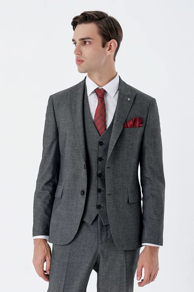 Siyah Desenli Kırlangıç Yaka Yelekli 6 Drop Slim Fit Dar Kesim Klasik Takım Elbise 1001235159 - 3