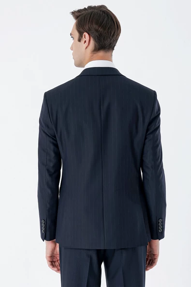 Koyu Lacivert Çizgili Mono Yaka Yelekli 6 Drop Slim Fit Dar Kesim Klasik Takım Elbise 1001235160 - 8