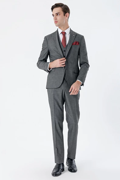 Siyah Desenli Kırlangıç Yaka Yelekli 6 Drop Slim Fit Dar Kesim Klasik Takım Elbise 1001235159 - 4