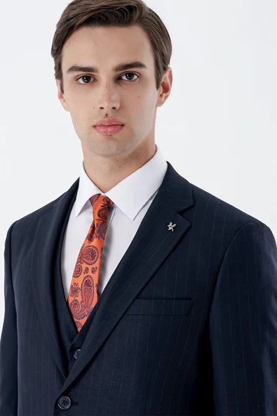Koyu Lacivert Çizgili Mono Yaka Yelekli 6 Drop Slim Fit Dar Kesim Klasik Takım Elbise 1001235160 - 6