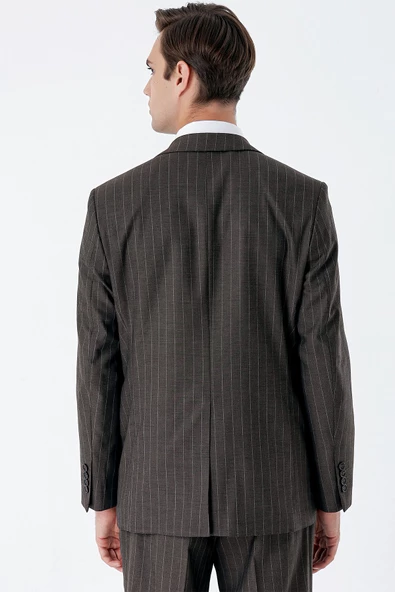 Koyu Kahverengi Çizgili Mono Yaka 6 Drop Comfort Fit Rahat Kesim Klasik Takım Elbise 1001235158 - 6